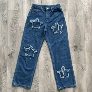 Distressed High Waist Straight Leg Jeans Size M Blue Star Patch Grunge Y2K party
